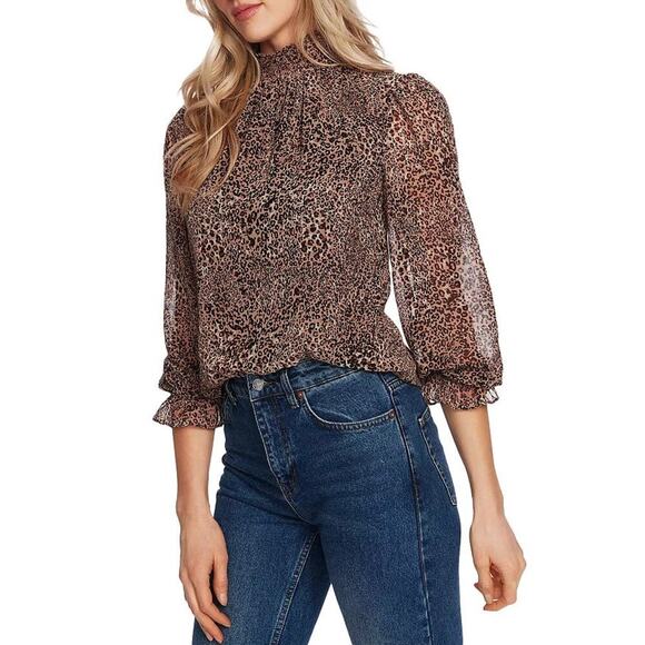 1.STATE Smocked-Neck Leopard-Print Blouse Size XL Puff Sheer Sleeve Chic - Picture 1 of 8